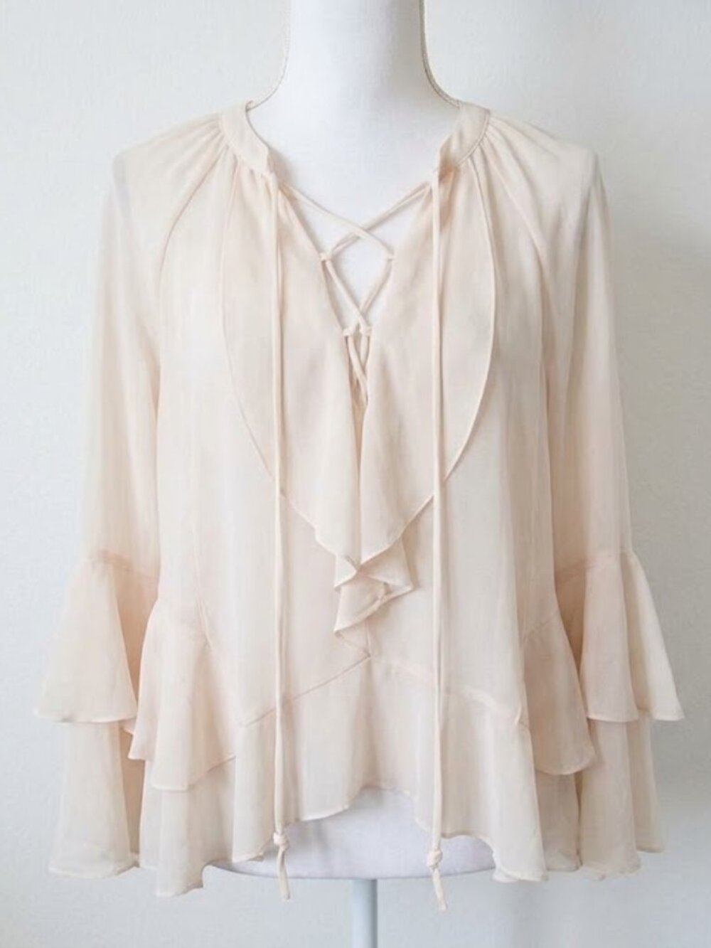 Open Edit Ruffle Tiered Sheer Blouse soft pink Cream Size XL